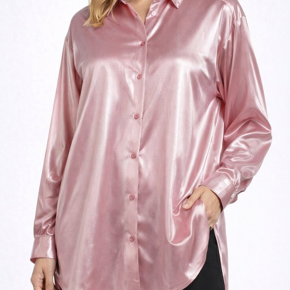 Jessica Michelle Pink Satin Button-Up Blouse Glossy Longline Shirt‎ – Size Large